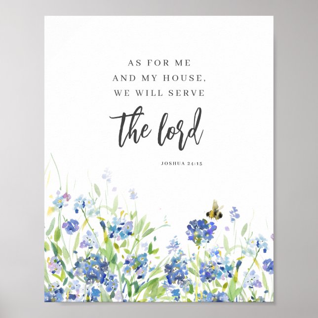 För mig och mitt hus, modern blå Blommigt Poster (Framsidan)