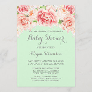 För Mintbaby shower för rosa vattenfärg blom- Inbjudningar