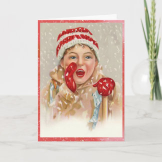 För Mittenflicka för vintage snöig jul Helgkort