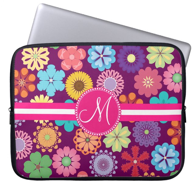 För Monogram Patter för flower power flickaktigt Laptop Sleeve (Framsidan)