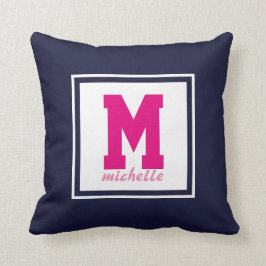 För MonogramNAMN för marinblå ROSA vit Preppy Kudde