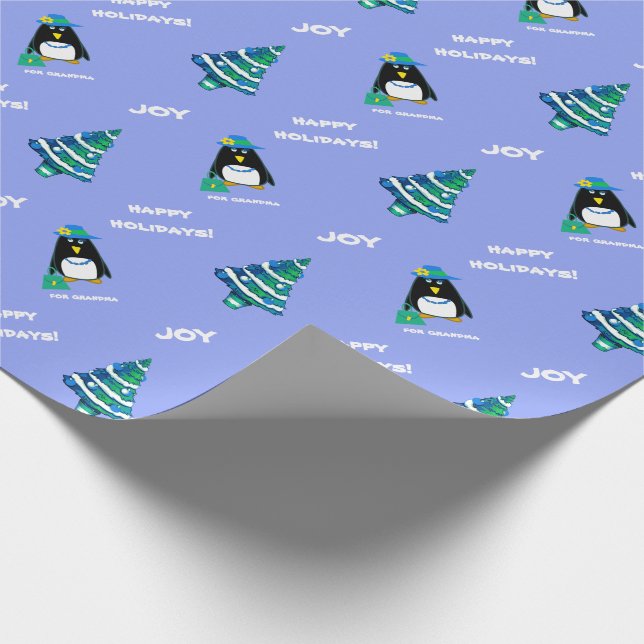 För mormor på jul. Roligt Dam Penguin Presentpapper (Hörn)