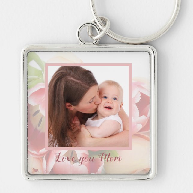 För mors dagpersika för personligt foto lycklig fyrkantig silverfärgad nyckelring (Framsidan)