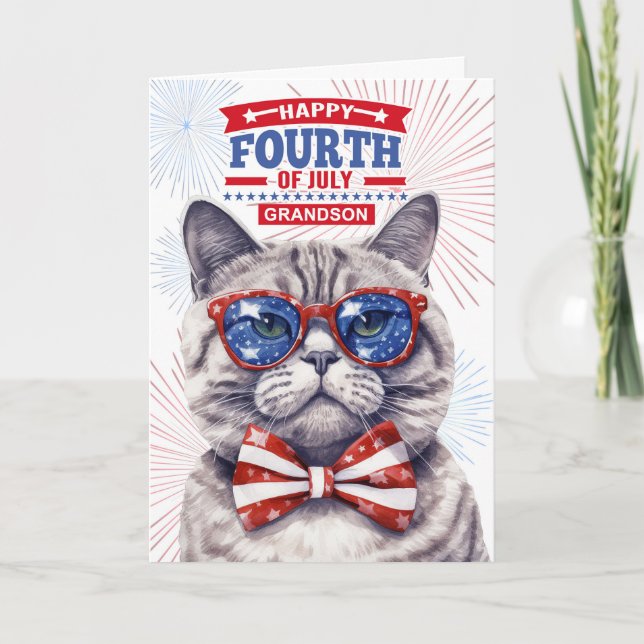 för morson 4:e juli Cute Patriotic Cat Helgkort (Framsida)
