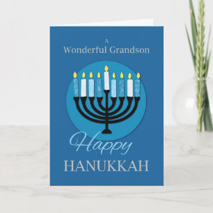 För morson Hanukkah Menorah på Mörk blått Kort