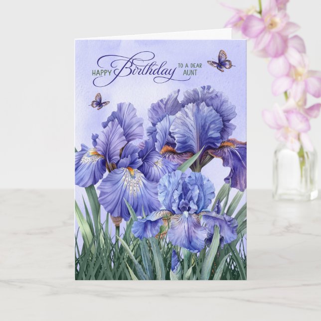 För mosters födelsedag lila iris med fjärilar kort (Orkide)