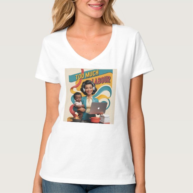 För mycket arbete - Retro Woman Illustration T Shirt (Framsida)