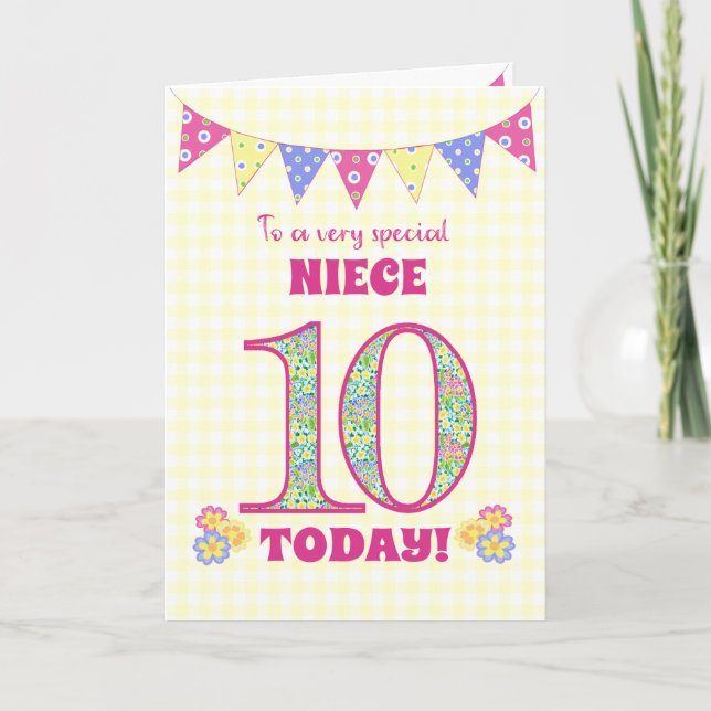 För Niece 10 Birthday Primroses Bunting Card Kort (Framsida)