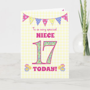 För Niece 17 Birthday Primroses and Bunting Card Kort