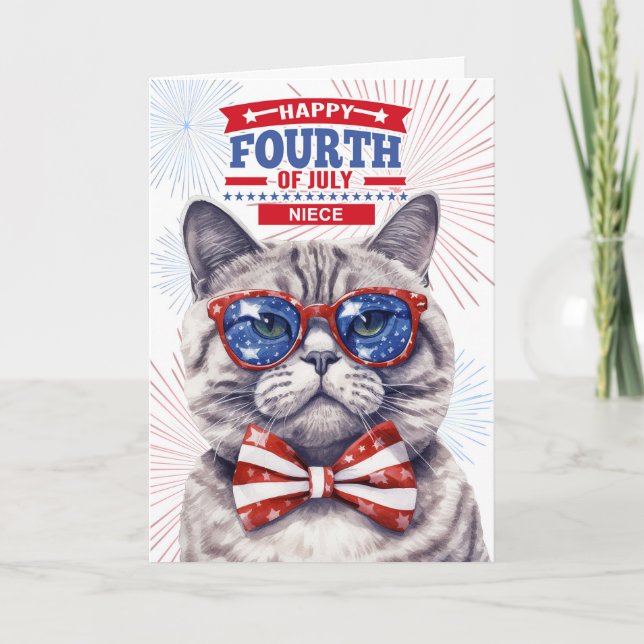 för Niece 4:e juli Cute Patriotic Cat Helgkort (Framsida)