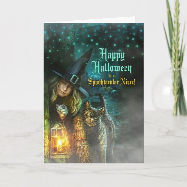 för Niece Witch och Cat Halloween Helgkort (Framsida)