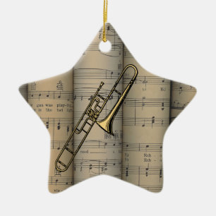 För notbladbakgrund för Trombone ~ rullande Julgransprydnad Keramik