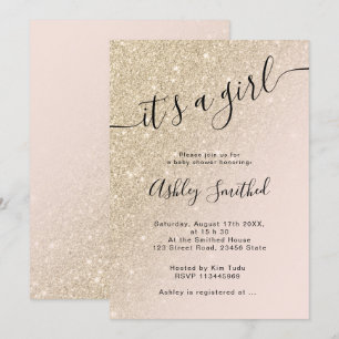 för ombrekvarter för ljust guld- glitter rosa baby inbjudningar