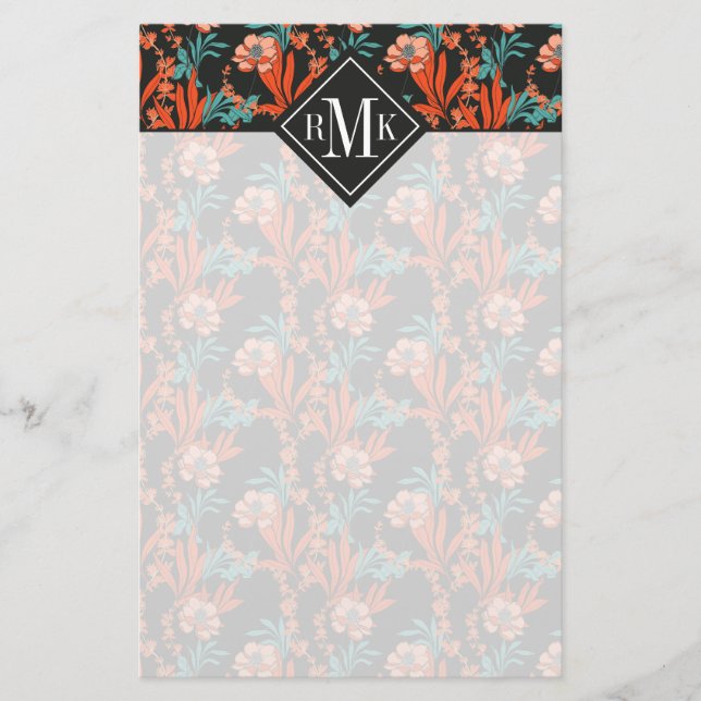 För orangeabstrakt för Monogram | blommönster Brevpapper (Framsida)