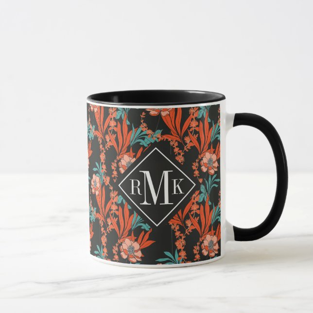 För orangeabstrakt för Monogram | blommönster Mugg (Höger)