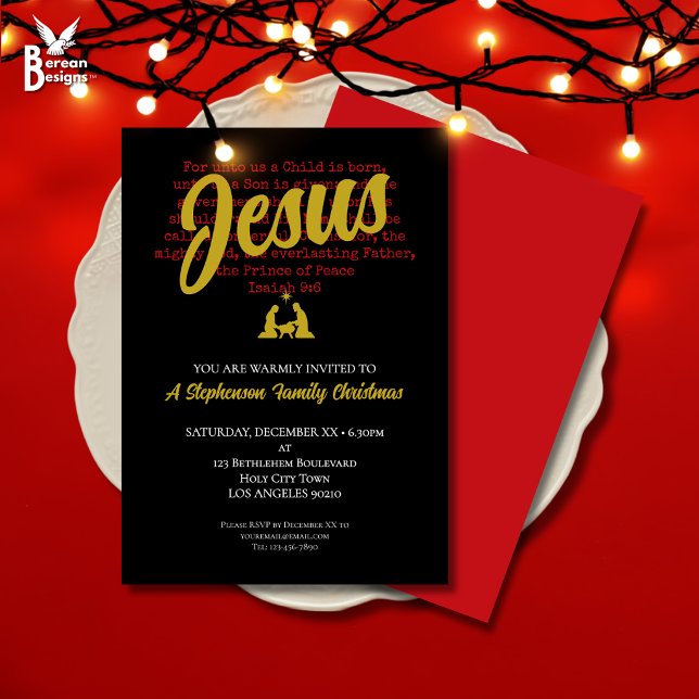 FÖR OSS Julfest Inbjudningar (Stylish FOR UNTO US Christian Christmas invitation with Bible Verse and nativity in black red gold)