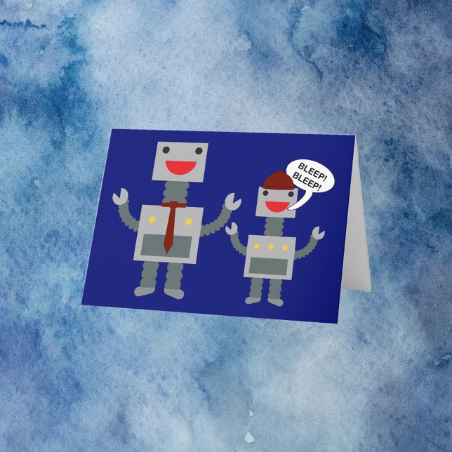 För Pappa från Son Fars dag Funny Robot Tack Kort (A funny Father's Day card featuring a dad robot and a son robot.)