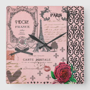 För Paris för vintage tar tid på den rosa vägg Fyrkantig Klocka