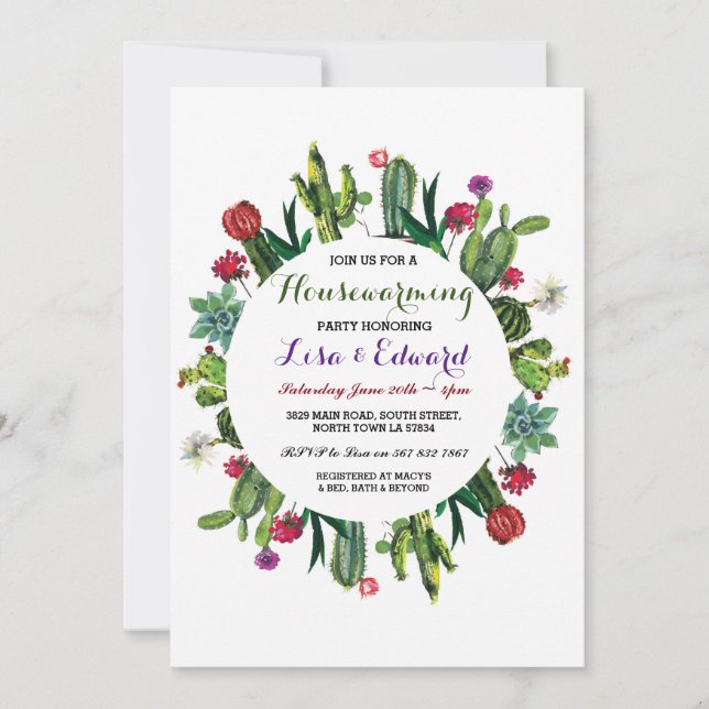 För partyinbjudan för kaktus nytt hem för inbjudningar (Framsida)