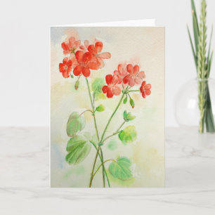 För pelargonhälsning för vattenfärg rött kort