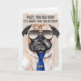 för Pilot Funny Pug Hund i Blue Tie Pension Kort
