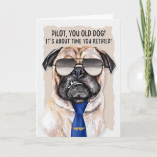 för Pilot Funny Pug Hund i Blue Tie Pension Kort