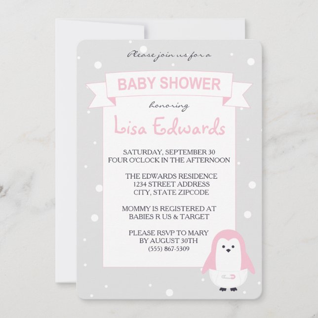 För pingvinbaby shower för baby rosa inbjudan (Framsida)
