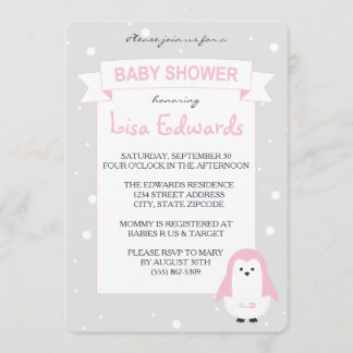 För pingvinbaby shower för baby rosa inbjudan