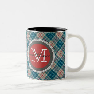 För plädbakgrund för blått röd Monogram Två-Tonad Mugg