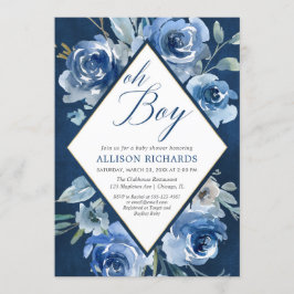För pojkeOh pojke för blått blom- baby shower Inbjudningar