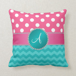 För polka dotsturkos för Monogram rosa gnistra f Kudde