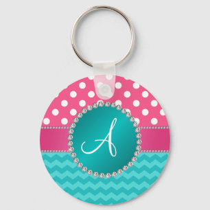 För polka dotsturkos för Monogram rosa gnistra f Nyckelring
