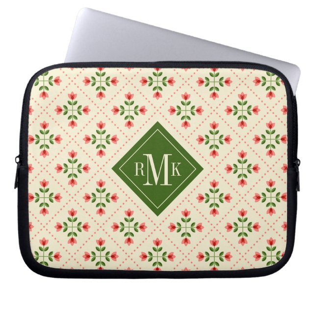 För rosa- & grönttäcke för Monogram | blom- Folk Laptop Fodral (Framsidan)