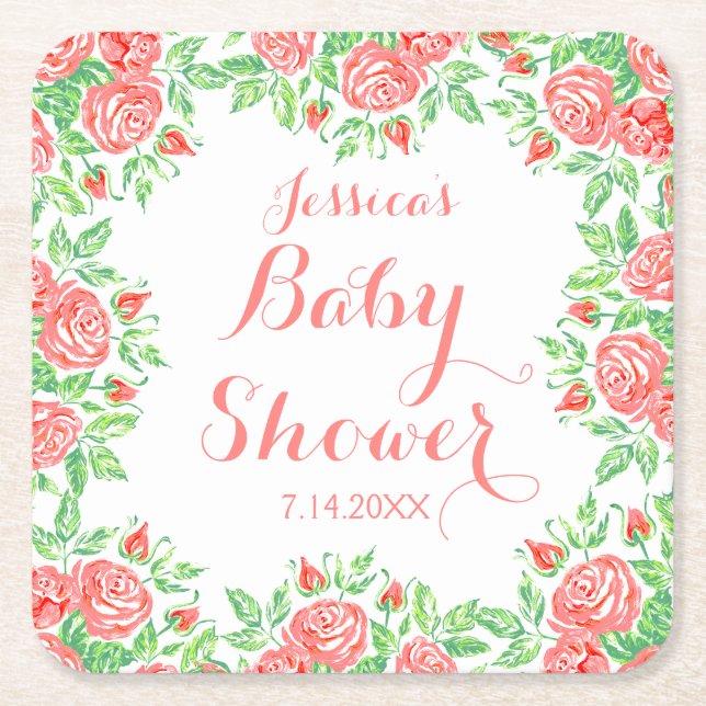 För rosa ros baby shower flickaktigt underlägg papper kvadrat (Framsidan)