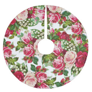 För rosa rosblommor för chic vintage rött möns julgransmatta borstad polyester