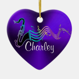 För saxofonmusik för personlig purpurfärgad hjärta julgransprydnad keramik