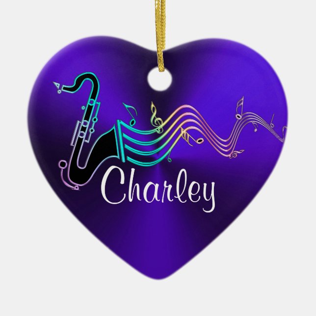 För saxofonmusik för personlig purpurfärgad hjärta julgransprydnad keramik (Framsidan)