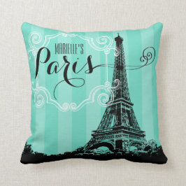 För Seafoam för Paris Eiffel tornMonogram randar Kudde