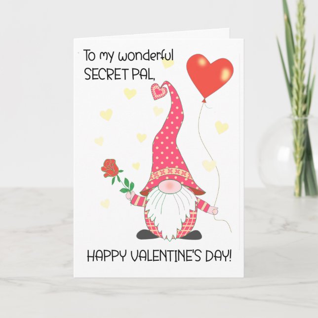 För Secret Pal Valentines Cute Gnome och Röd ros Kort (Framsida)