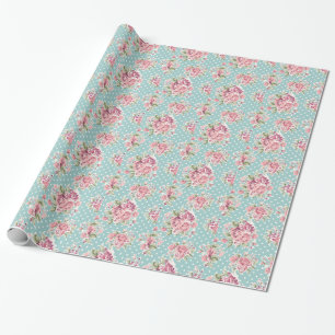 För shabby chicblått för polka dots blom- elega presentpapper