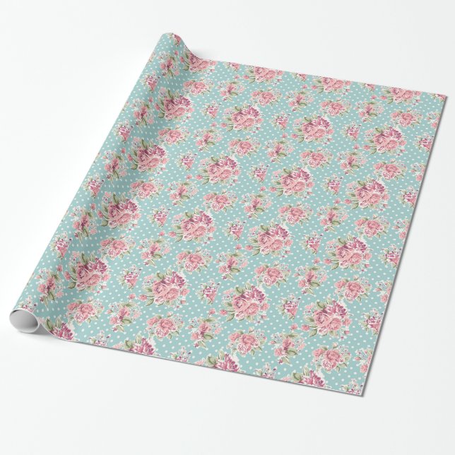 För shabby chicblått för polka dots blom- elegant presentpapper (Utrullad)