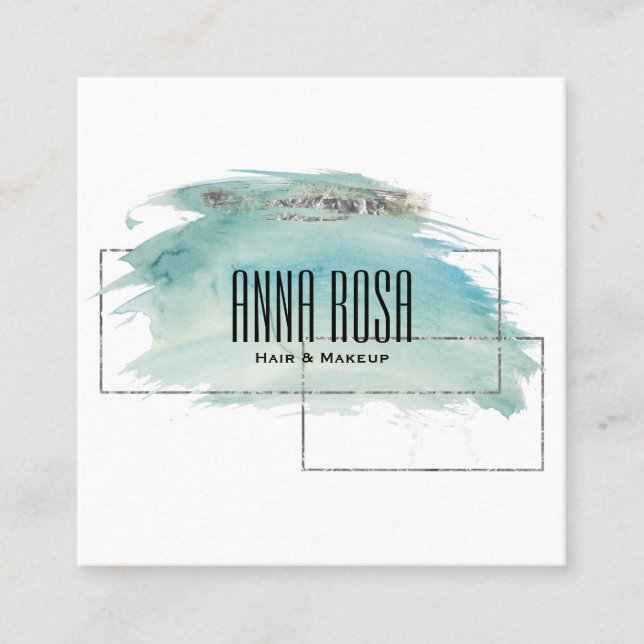 För silverturkos för *~* geometrisk vattenfärg fyrkantigt visitkort (Framsida)
