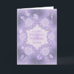 För siste, ett drömt lilafärgkort med blommor kort<br><div class="desc">En blomma- och fjärilsträdgård i lavendelhuer och skuggor.  Ett födelsedagskort för en underbar syster. Ett modernt sätt att se på det traditionella. Inuti kortet finns en underbar vers. Copyright Norma Cornes</div>