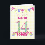 För sister 14: e födelsedagskalet Primors Bunting  Kort<br><div class="desc">Ett 14:e födelsedagskort för din syster, med polka punktbuntning, rosenblommor och nummer fyllda med en primrose mönster, allt på en blek gult check gingham-bakgrund. Det främsta omslaget är: "Till en mycket speciell SISTER 14 I DAG!" Det inre meddelandet är bara ett förslag och du kan enkelt anpassa det eller ta...</div>