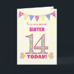 För sister 14: e födelsedagskalet Primors Bunting  Kort<br><div class="desc">Ett 14:e födelsedagskort för din syster, med polka punktbuntning, rosenblommor och nummer fyllda med en primrose mönster, allt på en blek gult check gingham-bakgrund. Det främsta omslaget är: "Till en mycket speciell SISTER 14 I DAG!" Det inre meddelandet är bara ett förslag och du kan enkelt anpassa det eller ta...</div>