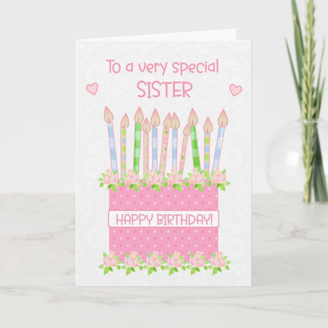 För "Sister Birthday Cake Hearearts and Ro Card" Kort (Framsida)