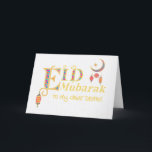 För sister Eid Mubarak Lanternes Måne Stars Kort<br><div class="desc">Ett hälsningskort för din syster med dekorativa bokstäver i guld-effekt och fylld med färgad islamic mönster. Hälsning är "Eid Mubarak. Till min käre syster" Det finns en ljusa färgad i det lämnat hörnet i grund, som hänger under brev "E" och ett mönstrat måne och stjärna i det övre högerna, med...</div>