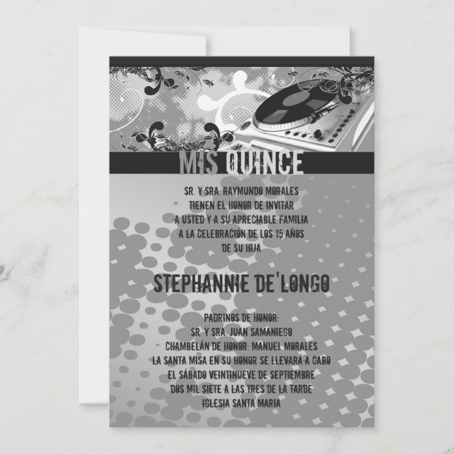 för snurrandeTurntable för 5x7 grå DJ Quinceanera Inbjudningar (Framsida)