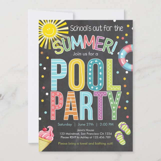 För sommarpartybassäng för party för skolor inbjudningar (Framsida)