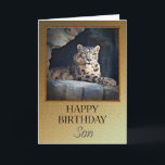 För Son Birthday med snö leopard Kort<br><div class="desc">Ett födelsedagskort för en son som ljuger i grottan vid snö.</div>